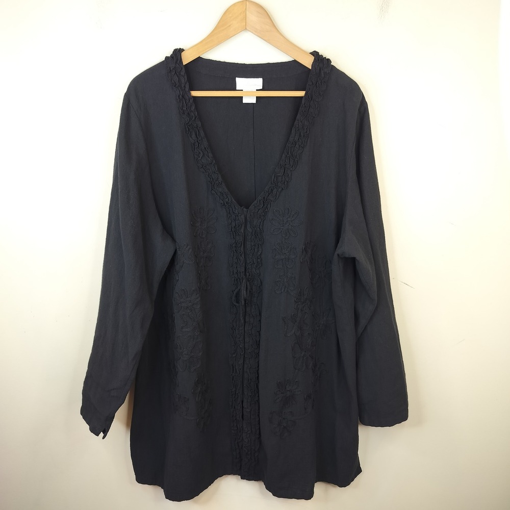 Soft Surroundings Floral Embroidered Tunic 3X Black Cotton Boho Lagenlook Artsy